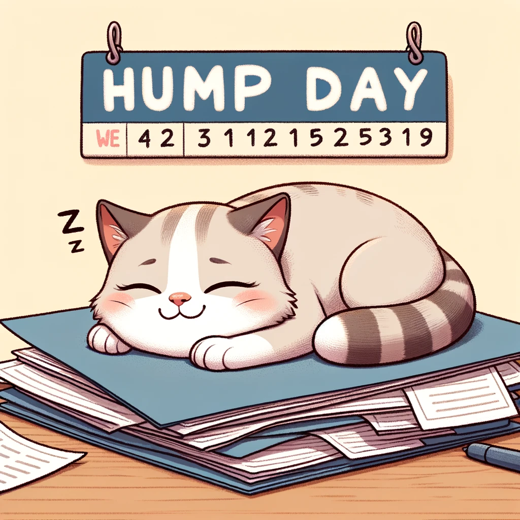 A cute cat sleeping on a pile of documents, with a calendar in the background showing Wednesday. The cat looks utterly relaxed and content. The text above says, "Hump Day mood." The image should be adorable and relatable, emphasizing the laziness and comfort of the cat, symbolizing the midweek relaxation.