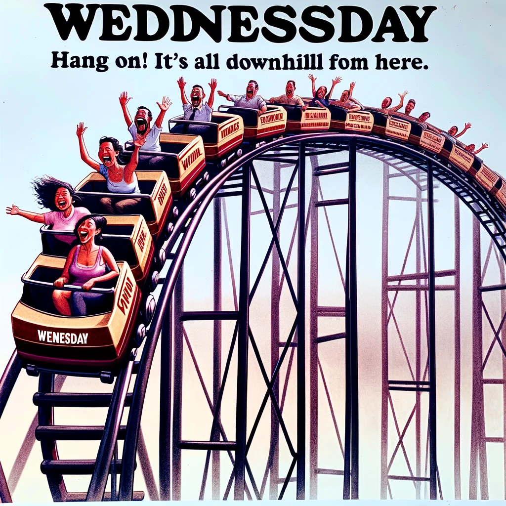 A rollercoaster with the biggest hill labeled 'Wednesday'. People on the ride look both excited and terrified. The rollercoaster is dynamic and thrilling, capturing the ups and downs of a typical week. The caption below reads, "Hang on! It's all downhill from here." The image should be vivid and convey the excitement and apprehension of a rollercoaster ride.