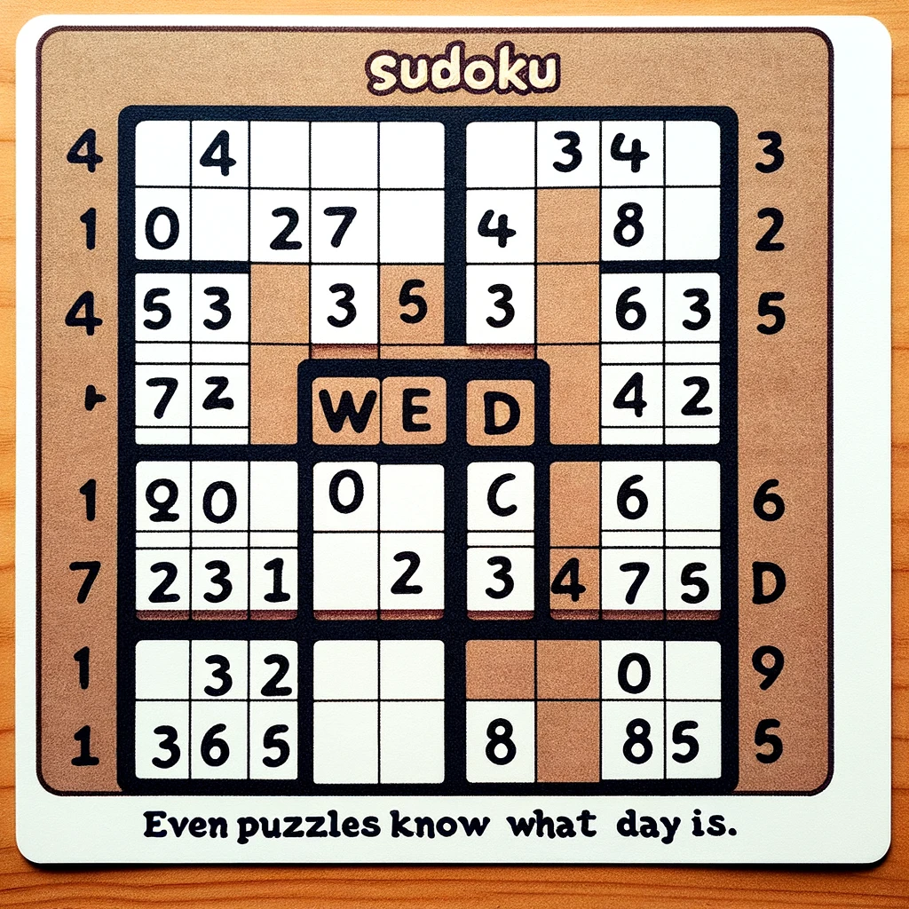 A Sudoku puzzle with the numbers arranged to spell out 'Wed'. The puzzle is partially solved, indicating a typical Sudoku game. The caption says, "Even puzzles know what day it is." The image should be clear and focused, with a classic Sudoku grid and numbers. It should convey the idea of a regular puzzle recognizing the significance of Wednesday in a witty way.