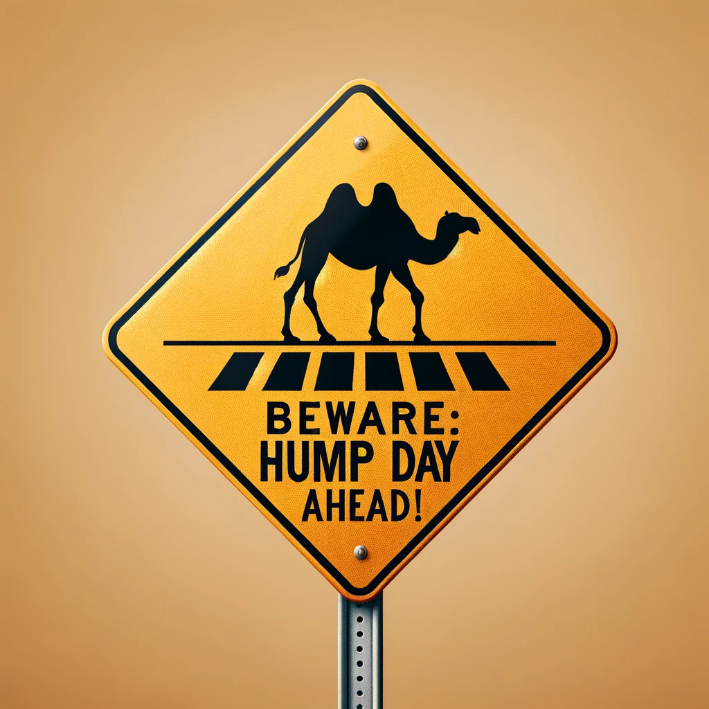 A road sign showing a camel crossing, with text underneath saying, "Beware: Hump Day ahead!" The sign should be realistic and mimic the style of typical road signs, but with a humorous twist. The camel silhouette should be clear and the text legible, creating a playful warning about the middle of the week.