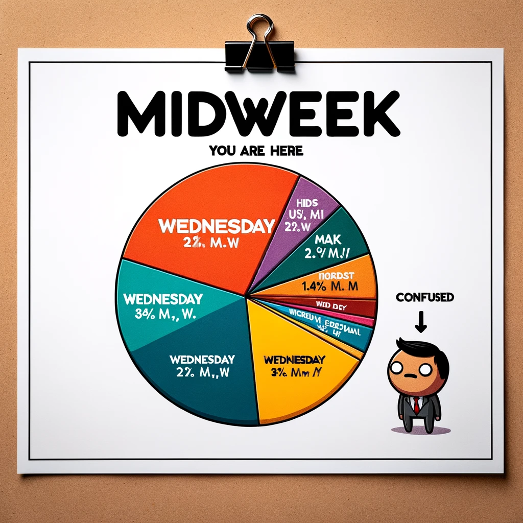 A pie chart divided into weekdays, with Wednesday in a bright color. The label says, "Midweek - You are here." A small figure on the chart looks around confused. The chart should be clear, with each weekday distinctly labeled. The overall look should be professional but with a humorous touch, illustrating the confusion often felt midweek.