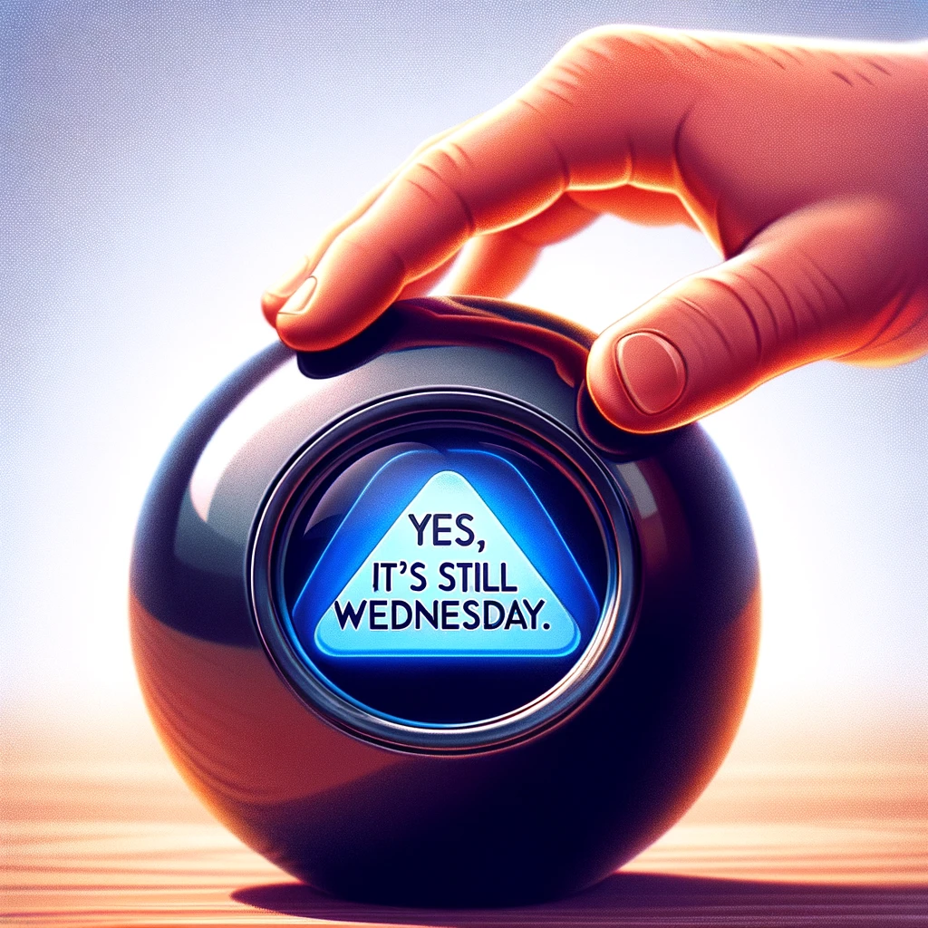 A Magic 8-Ball with a window showing the message, "Yes, it's still Wednesday." A hand is shown shaking the ball in disbelief. The image should capture the moment of reading the 8-Ball's message, with a focus on the hand and the message in the 8-Ball. The setting should be simple to keep the attention on the 8-Ball and the humorous message.