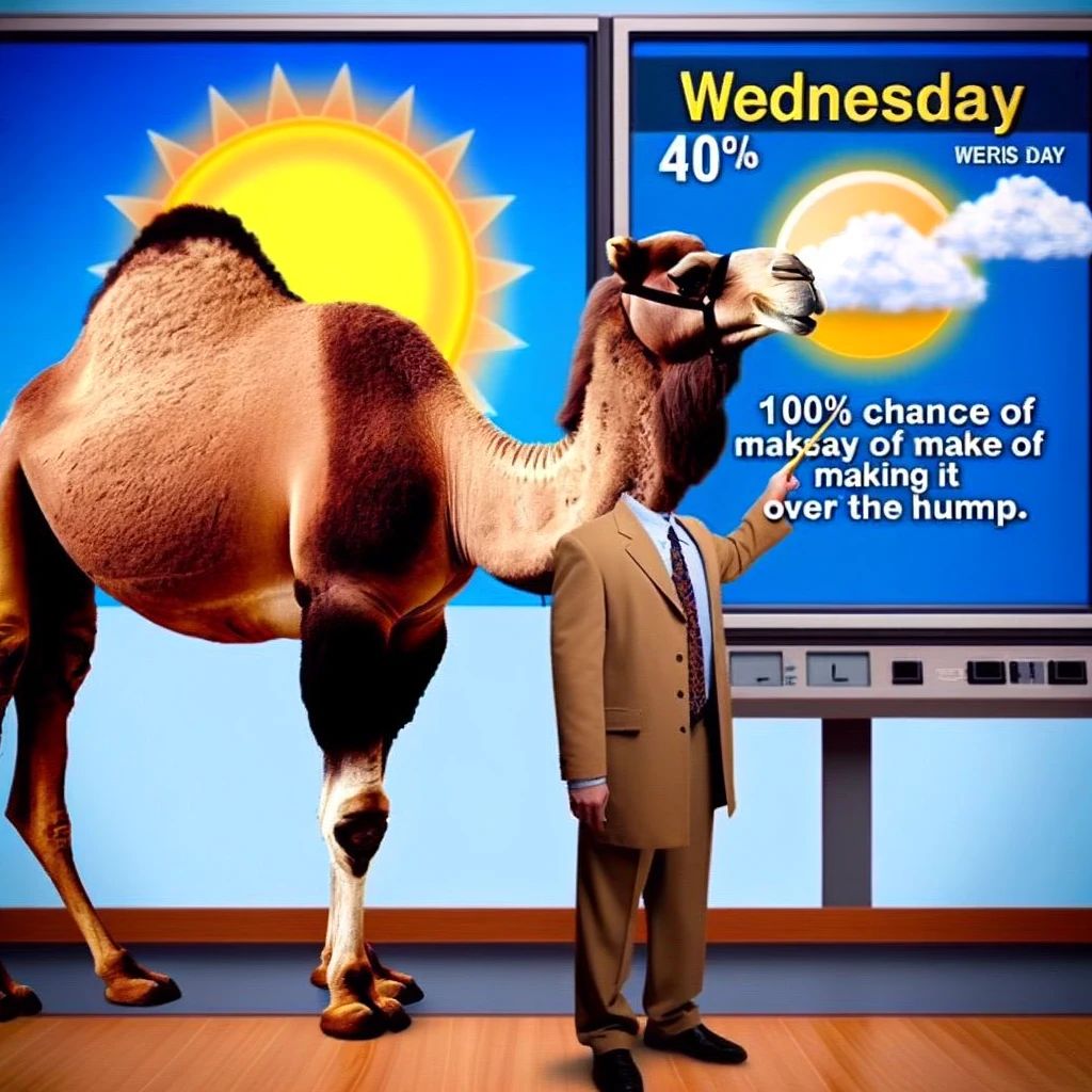 A camel dressed in a meteorologist's attire, standing in front of a weather forecast screen showing a sunny Wednesday. The camel looks professional and is pointing at the weather screen. The caption reads, "Wednesday Forecast: 100% chance of making it over the hump." The image should be humorous and lighthearted, with the camel appearing as a friendly and competent weather forecaster.