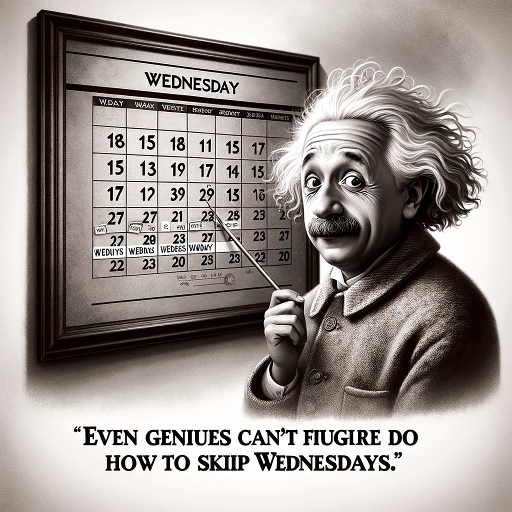 A comical image of a famous historical figure like Einstein, looking puzzled at a modern calendar showing Wednesday. The image should depict the historical figure in their typical attire, with an expression of confusion and curiosity. The caption reads, "Even geniuses can't figure out how to skip Wednesdays." The setting should be humorous and anachronistic, blending historical elements with the modern calendar.
