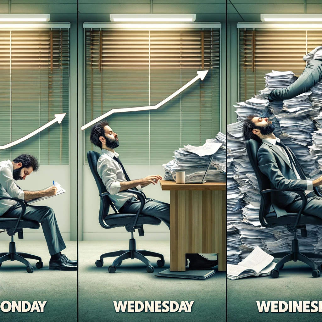 A time-lapse sequence from Monday to Wednesday, showing an office worker gradually slumping more in their chair by Wednesday, surrounded by growing piles of paperwork. The image should capture three different stages: Monday (energetic), Tuesday (less energetic), and Wednesday (very slumped). The caption reads, "Evolution of the work week." The setting is an office environment, emphasizing the progressive tiredness and workload.