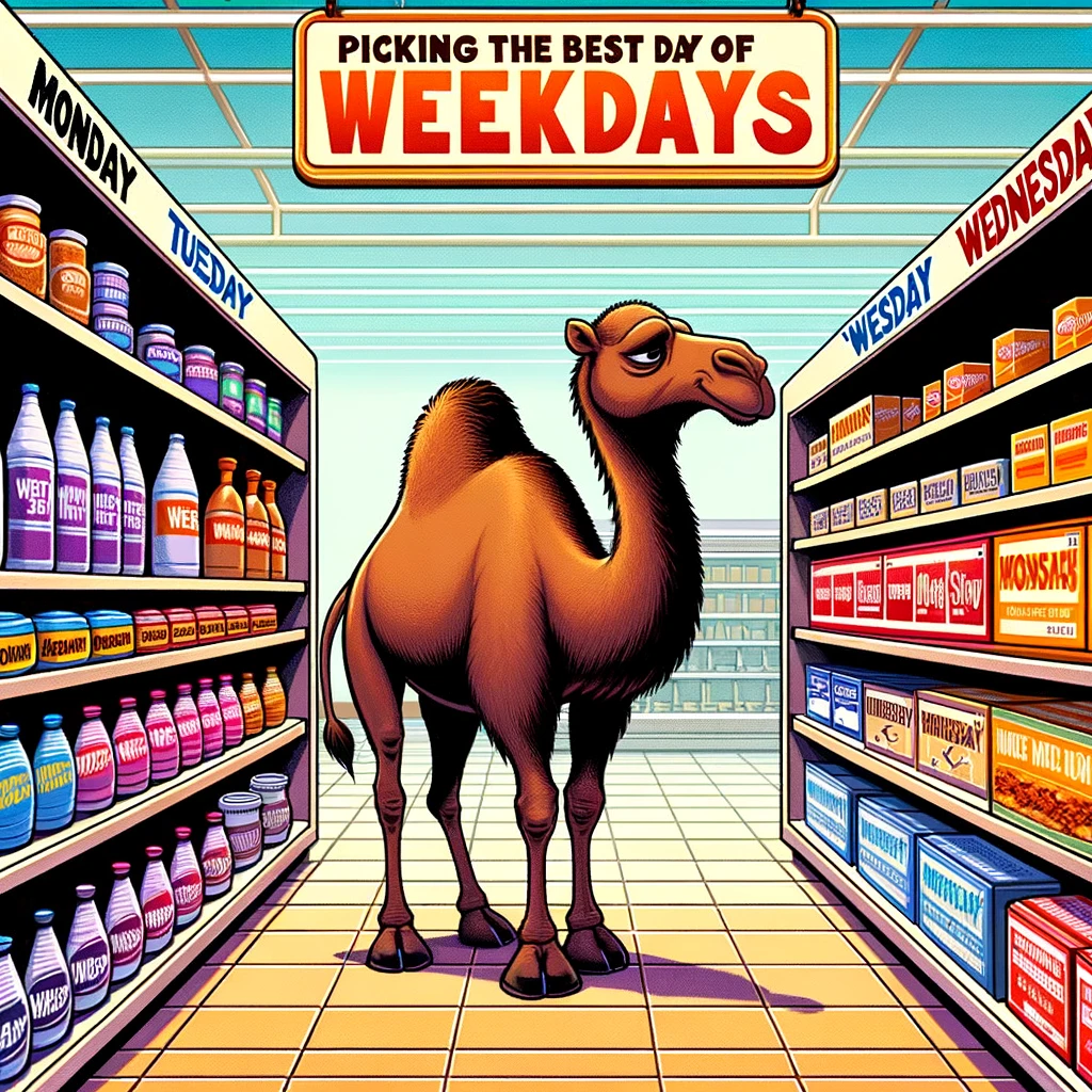 A camel browsing through a supermarket aisle labeled "Weekdays", looking indecisive between 'Monday', 'Tuesday', and 'Wednesday' products. The camel should appear contemplative and humorous. The text above says, "Picking the best day of the week like..." The supermarket setting should be colorful and typical, with shelves stocked with products representing different weekdays, adding a playful twist to the concept of choosing a day.