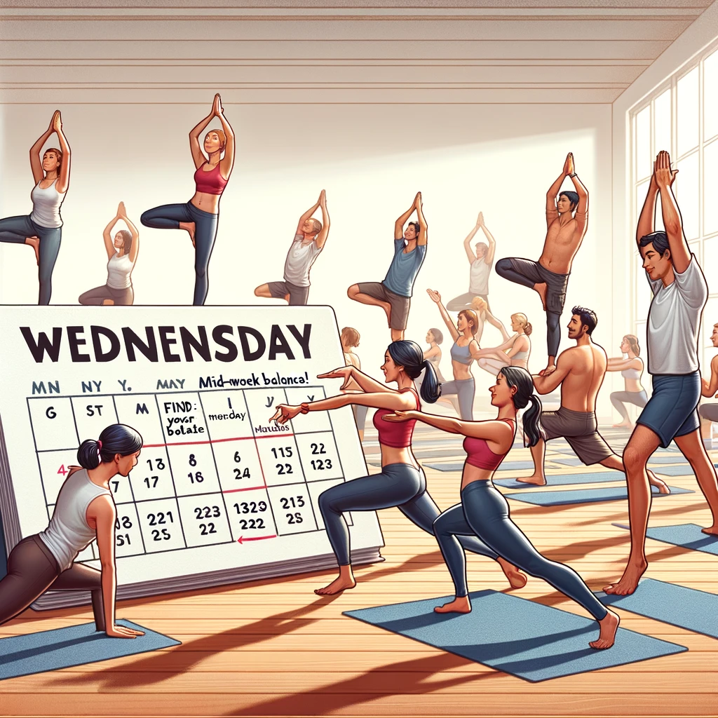 A group of people in a yoga class trying to hold a difficult pose, with Wednesday marked on the class calendar. The instructor is encouraging the participants. The text says, "Find your mid-week balance!" The image should depict a diverse group of people focused on maintaining their yoga poses, with a visible calendar showing Wednesday. The setting is a peaceful and typical yoga studio, emphasizing the concept of balance and midweek challenge.