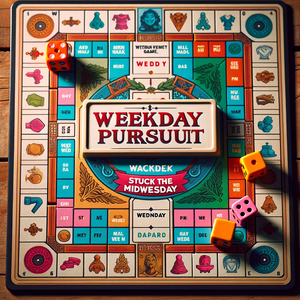 A board game setup named 'Weekday Pursuit', where players are stuck on the 'Wednesday' square. The board game should have a colorful and intricate design, with various weekday squares. The caption jokes, "Stuck in the midweek game." The image should give a top view of the board game, showing dice, game pieces, and the 'Wednesday' square prominently, conveying the humorous frustration of being stuck midweek.