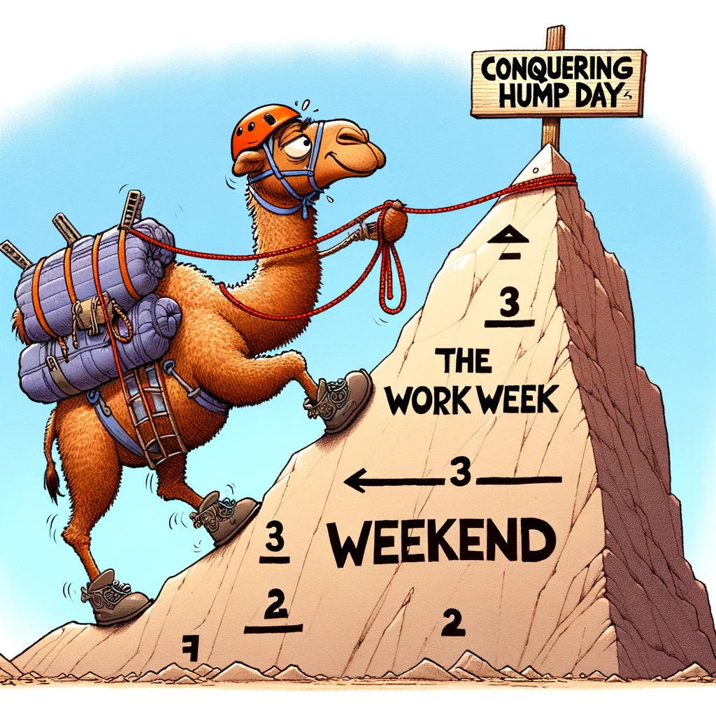 A cartoon camel equipped with climbing gear, halfway up a mountain labeled 'The Work Week'. The top of the mountain is labeled 'Weekend'. The camel looks determined. The caption reads, "Conquering Hump Day one step at a time." The image should be adventurous and humorous, showing the camel in a challenging yet comical situation, highlighting the metaphor of overcoming midweek challenges.