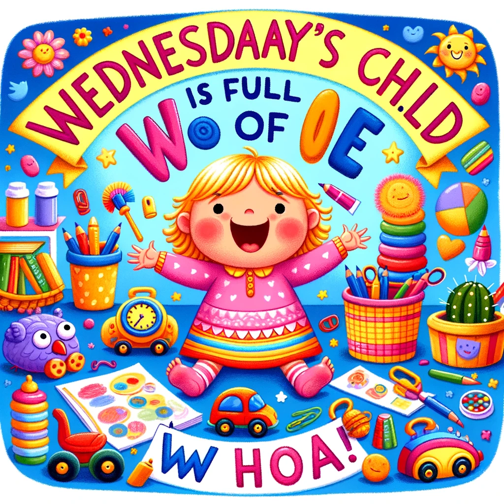 A twist on the "Wednesday's child is full of woe" nursery rhyme, depicting a cheerful child surrounded by fun Wednesday-themed activities. The child appears happy and engaged in various activities like playing with toys and drawing. The text around the image says, "Wednesday's child is full of whoa!" The setting should be playful and colorful, emphasizing the positive and fun aspect of Wednesdays, contrasting the traditional rhyme.