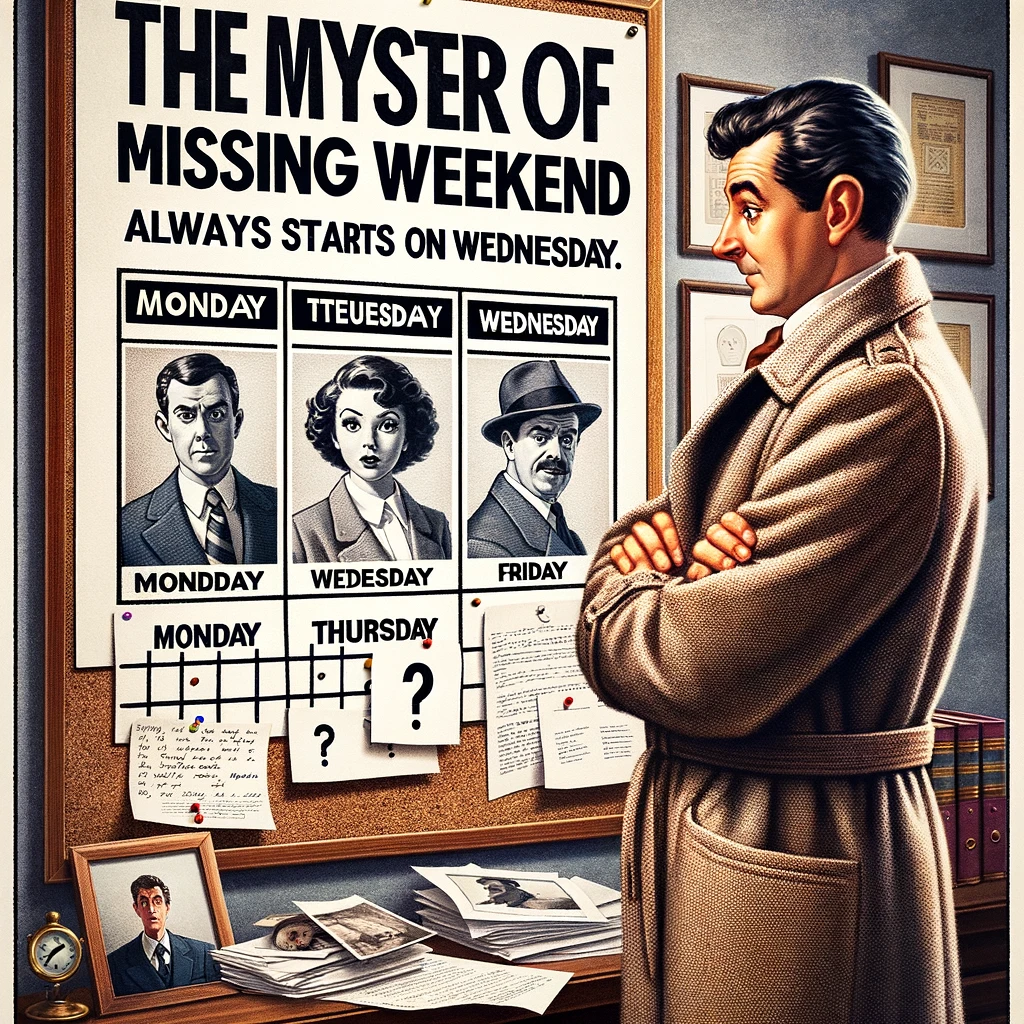 A detective looking at clues on a board, with pictures of Monday, Tuesday, and Wednesday, and a question mark on Thursday and Friday. The detective looks focused and puzzled. The caption reads, "The mystery of the missing weekend - always starts on Wednesday." The setting should be a classic detective office, with a board full of notes and photos, creating a humorous yet intriguing atmosphere around the concept of the elusive weekend.