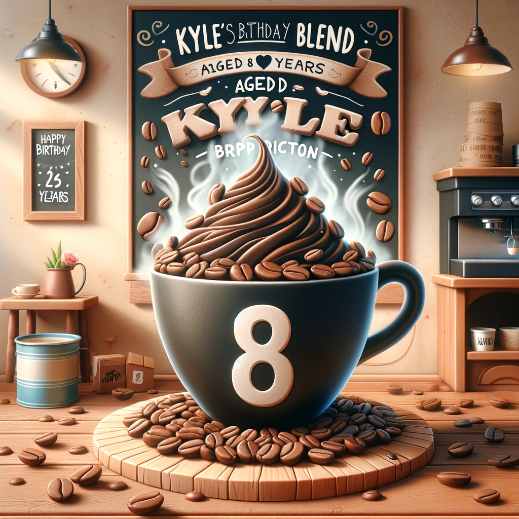 A cozy and inviting cartoon scene for a "Coffee Lover Kyle" theme birthday card. The image beautifully depicts a giant, steaming coffee cup with the name "Kyle" stylishly written on it. Surrounding the cup are artistically arranged coffee beans that cleverly form the number 8, indicating Kyle's age. The setting includes a charming background with a chalkboard that reads, "Kyle's Birthday Blend: Aged 8 Years to Perfection. Happy Birthday!" This warm and friendly scene is perfect for a coffee enthusiast, blending the love for coffee with a personalized birthday wish, making it an ideal birthday card for Kyle.