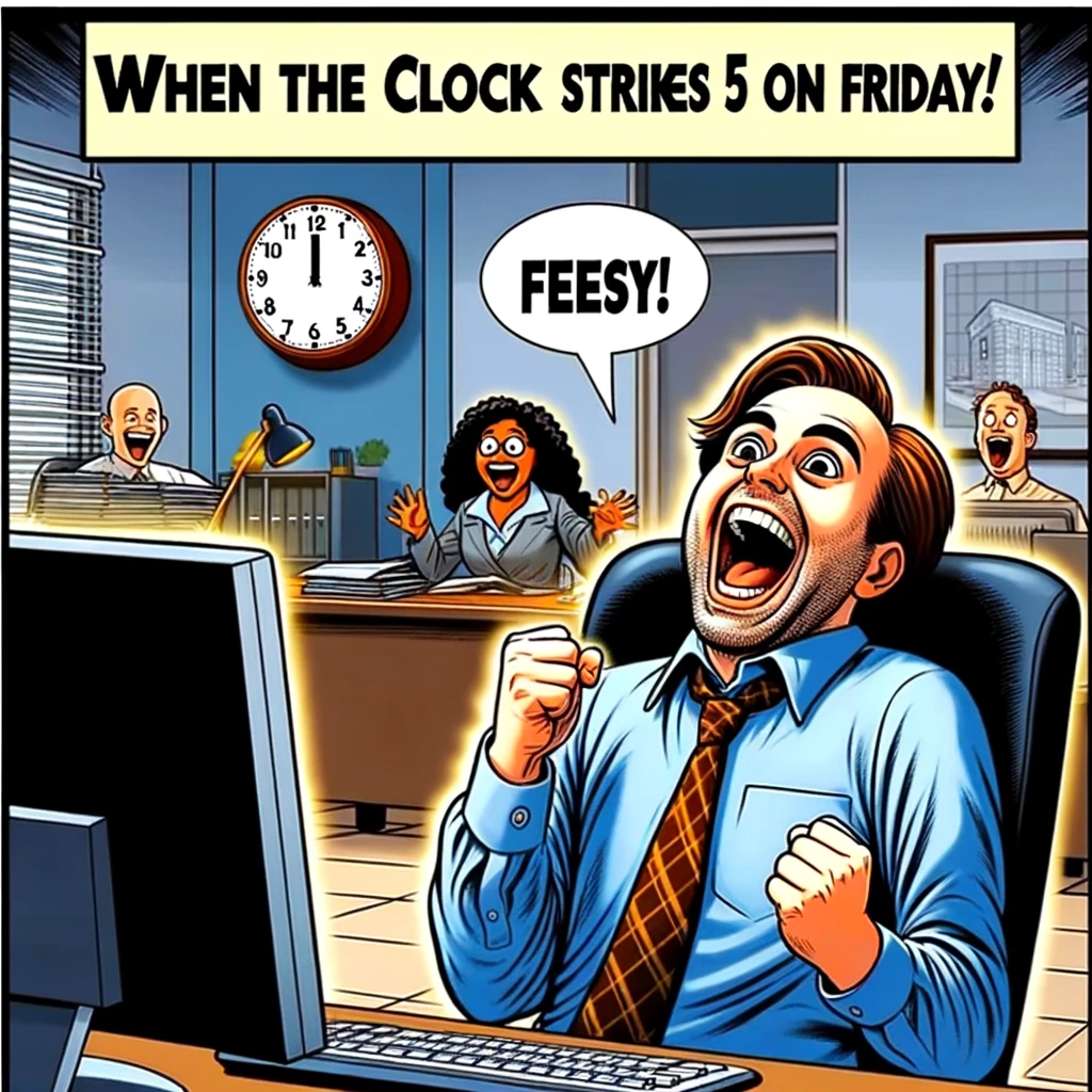 A humorous meme showing an office worker at a desk, looking extremely excited and overjoyed. In the background, there is a clock showing 5:00 PM. The scene conveys the joy of the end of the workweek. Include a caption at the bottom: 'When the clock strikes 5 on Friday!'