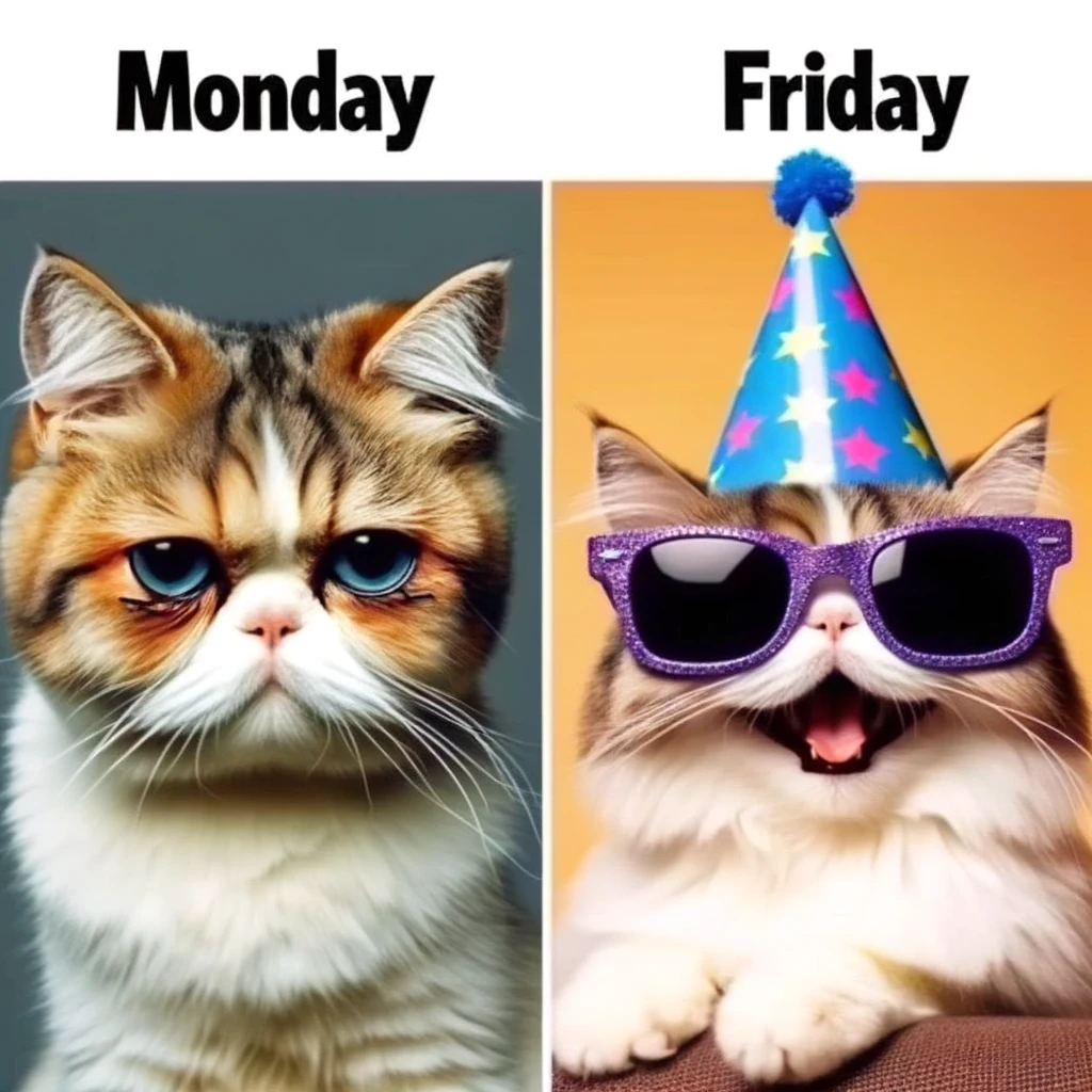 A split-image meme featuring a cat. On the left, the cat looks tired and grumpy, labeled 'Monday'. On the right, the same cat is wearing sunglasses and a party hat, looking excited, labeled 'Friday'. The meme humorously contrasts the start and end of the workweek.