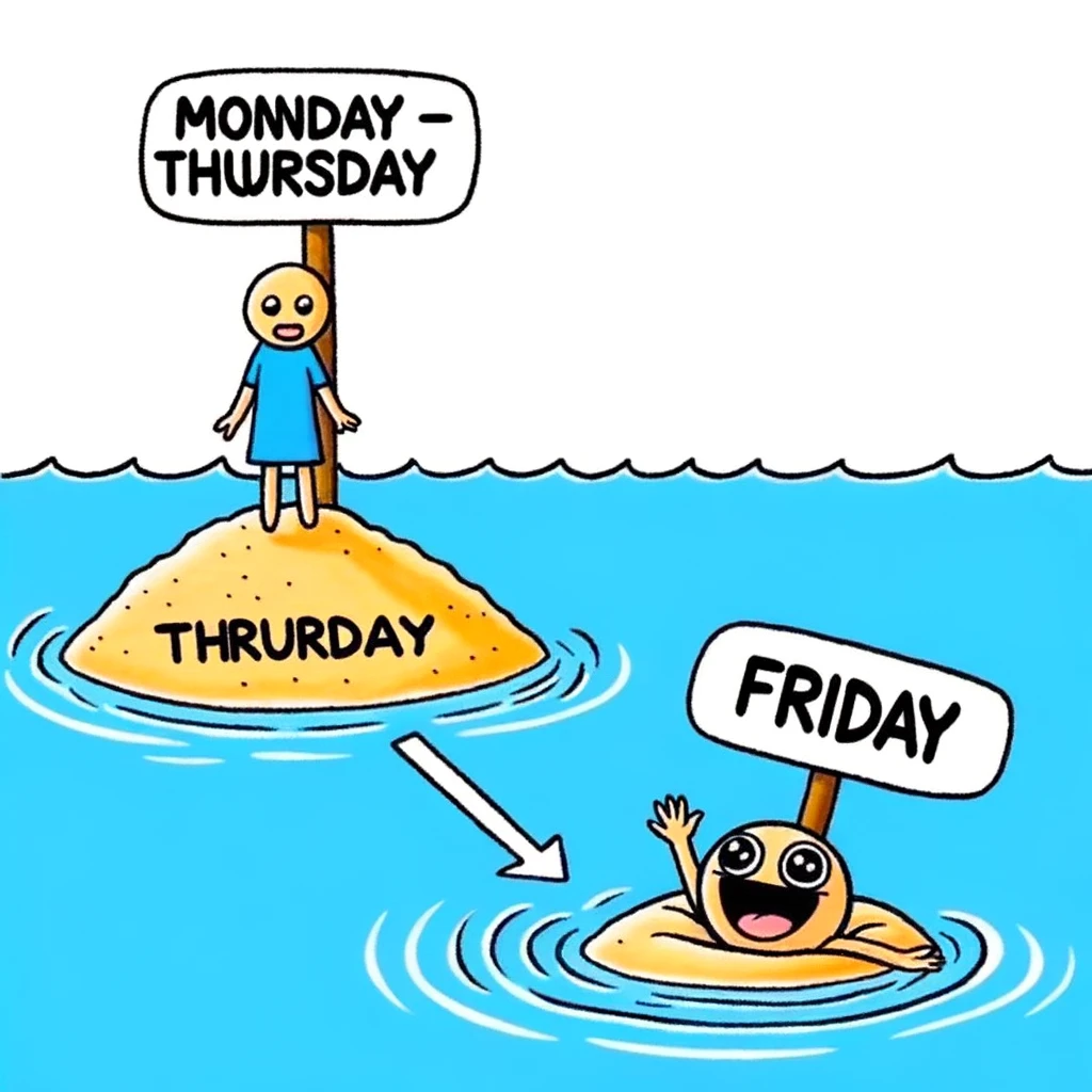 A cartoon meme depicting a person stranded on a tiny desert island labeled 'Monday through Thursday'. In the next part of the image, the same person is happily swimming towards a larger, more festive island labeled 'Friday'. This meme humorously represents the workweek and the relief of reaching Friday.
