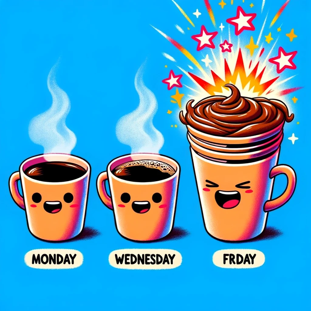 A sequence of three cups of coffee in a single image, representing different days of the week. The first cup, labeled 'Monday', is a normal cup of coffee. The second, labeled 'Wednesday', has a little more steam. The third, labeled 'Friday', is an oversized, supercharged cup with fireworks and sparkles around it, symbolizing the excitement for the weekend. This meme humorously shows the evolving need for coffee during the week.