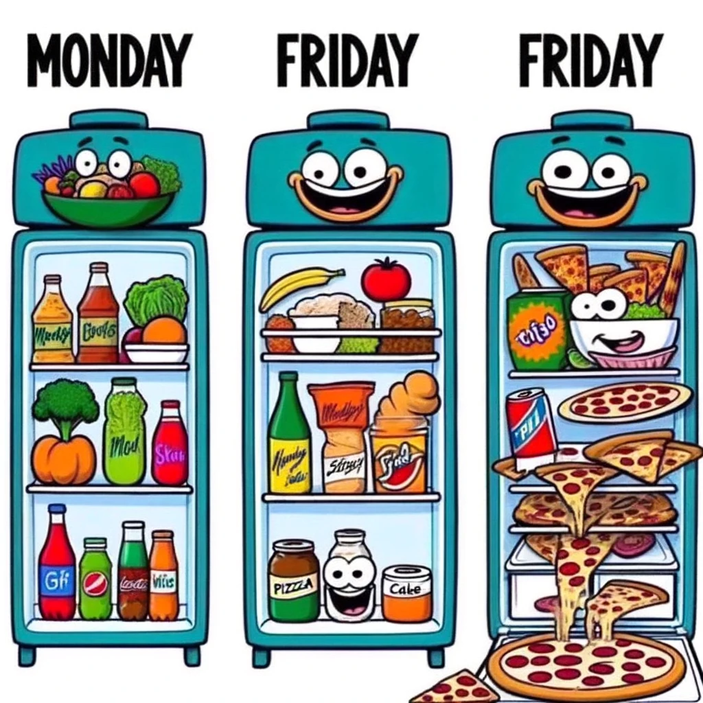 A cartoon meme showing the evolution of the contents of a fridge throughout the week. The first image, labeled 'Monday', shows a fridge filled with healthy food. As the days progress, the food inside the fridge becomes less healthy and more fun, culminating in the 'Friday' fridge, which is filled with pizza, cake, and soda. This meme humorously depicts the change in eating habits from the beginning to the end of the workweek.