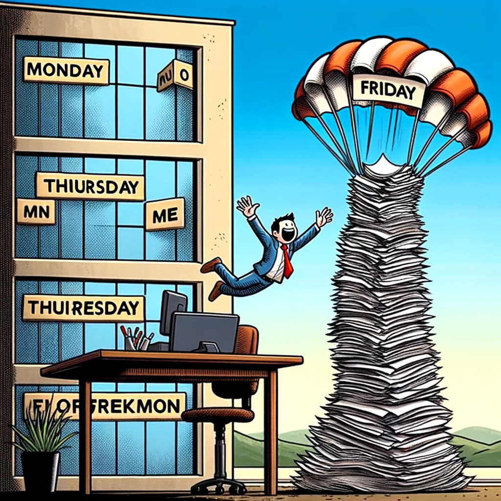 A cartoon meme of a person at a desk with a growing pile of paperwork representing each day of the week. From Monday to Thursday, the pile gets increasingly larger. On 'Friday', the person is depicted joyously parachuting out of the office window, leaving the paperwork behind. The meme humorously illustrates the relief of escaping the workweek on Friday.