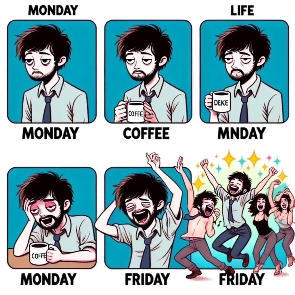 A series of images in a single meme showing the transformation of a person from the start to the end of the week. Initially, the person appears tired and reliant on coffee, labeled 'Monday'. As the week progresses, the person gradually becomes more energetic and joyful. By 'Friday', the person is depicted as happy and dancing, possibly in a disco setting. This meme humorously captures the change in mood and energy from Monday to Friday.