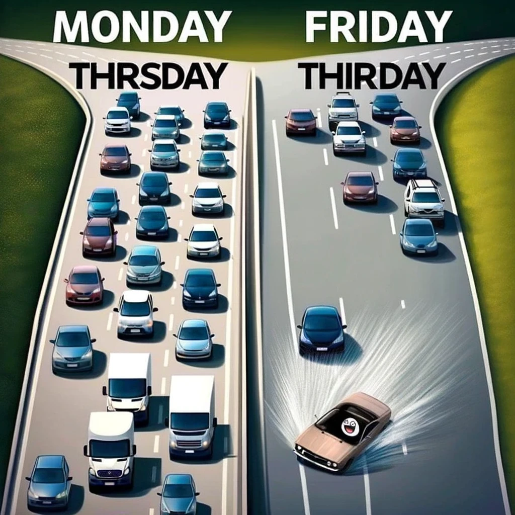 A split-image meme contrasting traffic scenarios. On one side, labeled 'Monday to Thursday', there's a long line of cars in a traffic jam, representing the stressful weekdays. On the other side, labeled 'Friday', an open, clear road is shown with a single car zooming along joyfully, symbolizing the ease and excitement of the weekend approaching. This meme humorously depicts the difference in traffic and mood between weekdays and Friday.