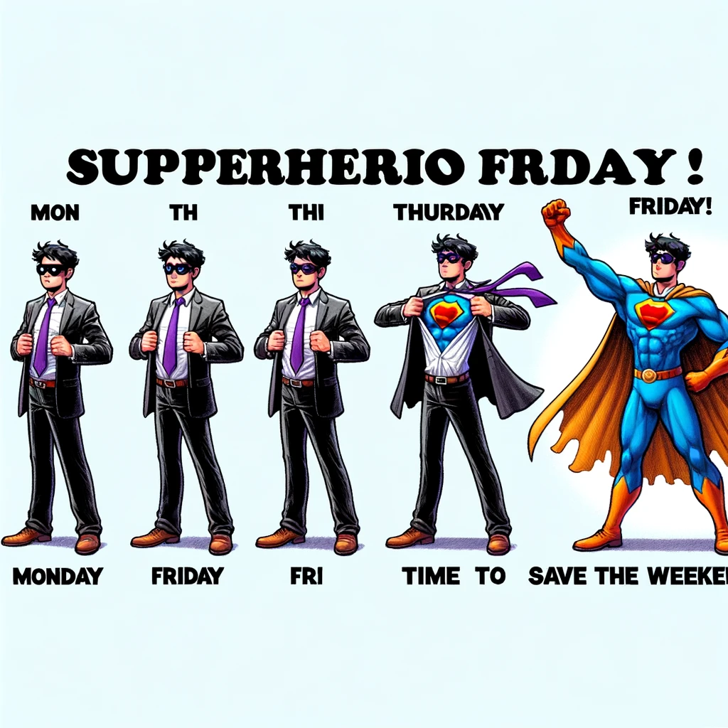 Superhero Friday: A progressive series of images showing a person in business attire from Monday to Thursday. Each day, they transform a bit more into a superhero costume. By Friday, they are in full superhero attire, striking a heroic pose. The caption reads, "Friday's here! Time to save the weekend!" The style is light-hearted and comic-like, suitable for a workplace humor meme.