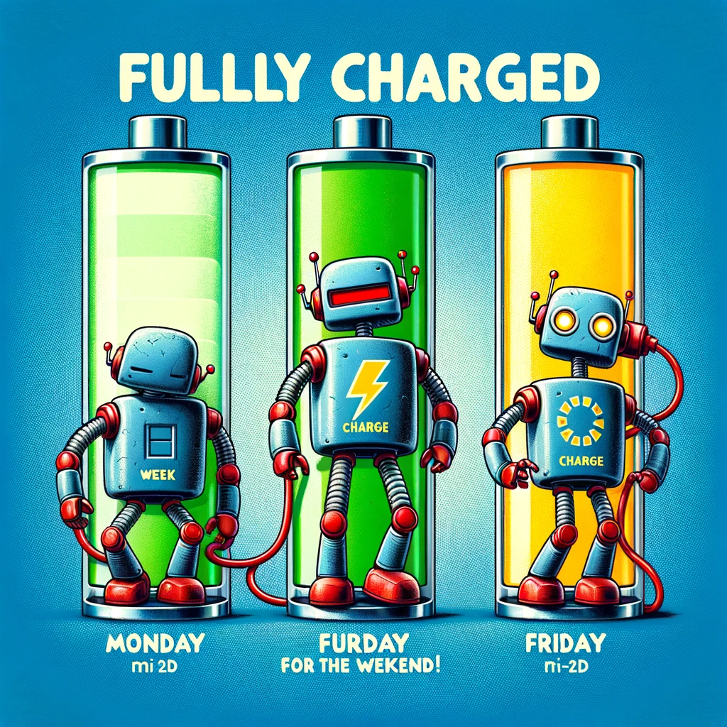 Robot Recharge: A series of images from Monday to Thursday showing a robot looking increasingly tired and run-down, with a battery indicator showing less charge each day. On Friday, the robot is fully charged, glowing with energy. The caption reads, "Fully charged for the weekend!" The style is humorous and playful, reflecting a weekend anticipation theme.