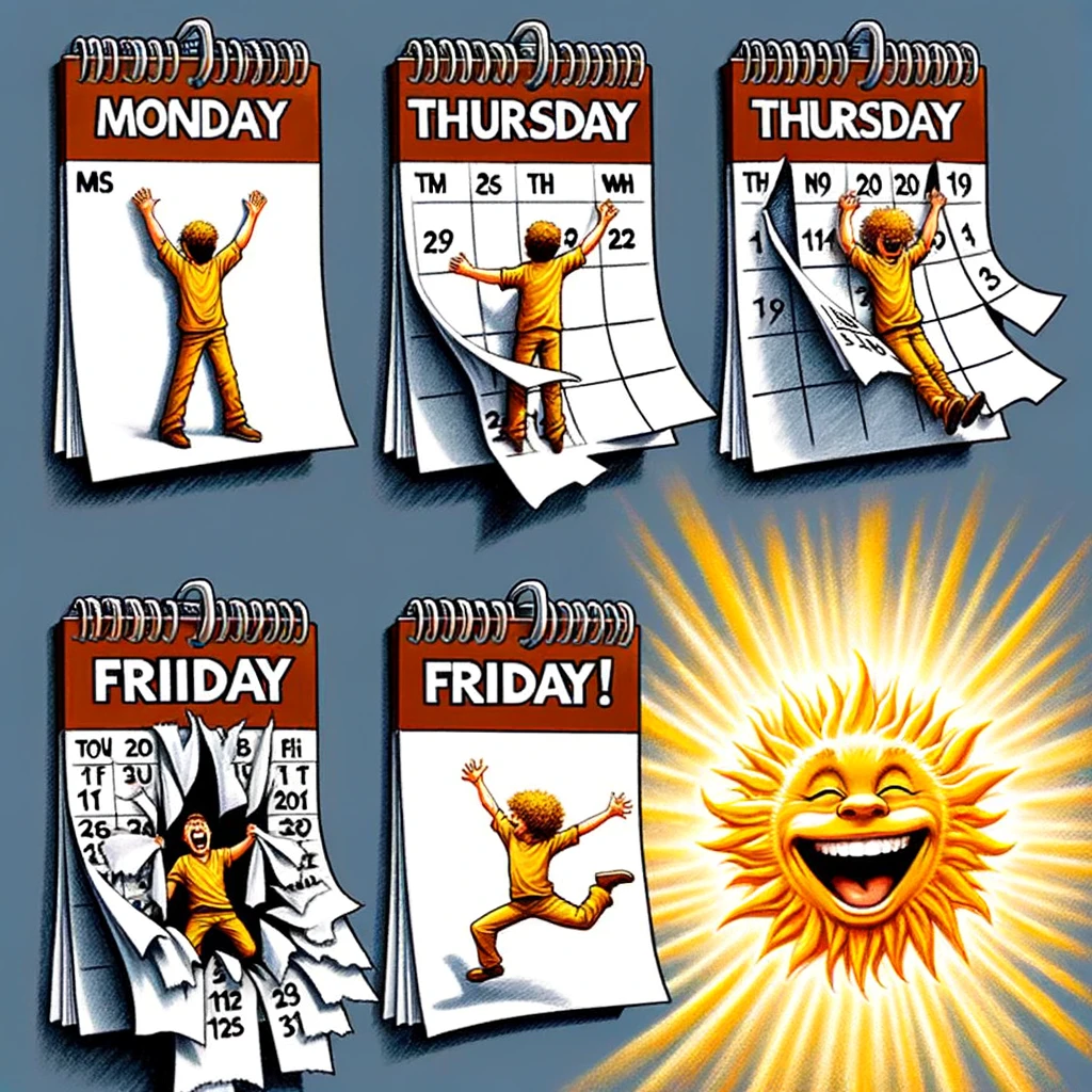 Calendar Countdown: A series of images depicting calendar pages being torn off from Monday to Thursday, each looking more ragged than the last. On Friday, the calendar page shows a bright, shining sun and a person leaping for joy. The image has a humorous and uplifting style, suitable for a fun workplace meme, with a caption that conveys the excitement for the weekend.