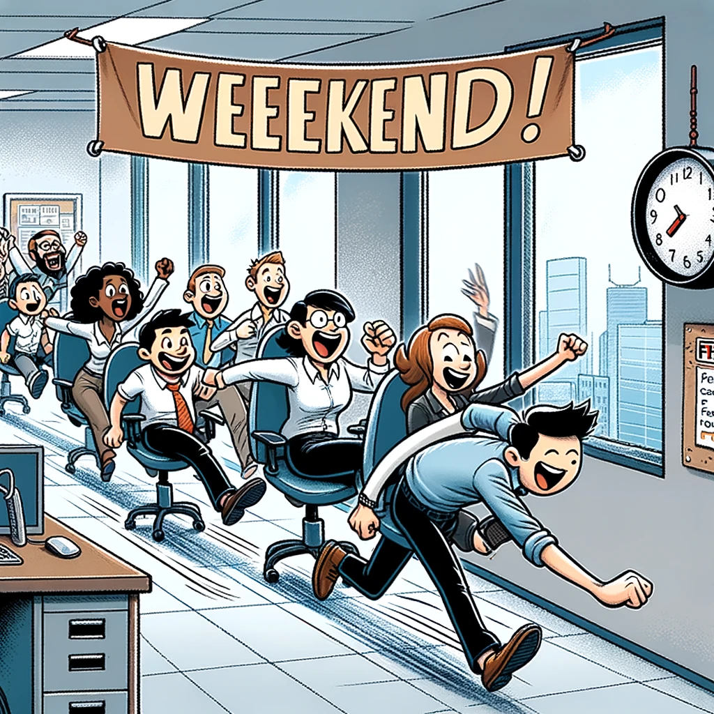 Office Chair Race: A comic strip showing office workers racing in office chairs towards the exit as the clock nears 5 PM on Friday. The finish line is marked with a banner reading "Weekend!" The style is humorous and lively, capturing the excitement and fun of rushing out for the weekend. The setting is an office space, with the workers showing expressions of joy and anticipation.