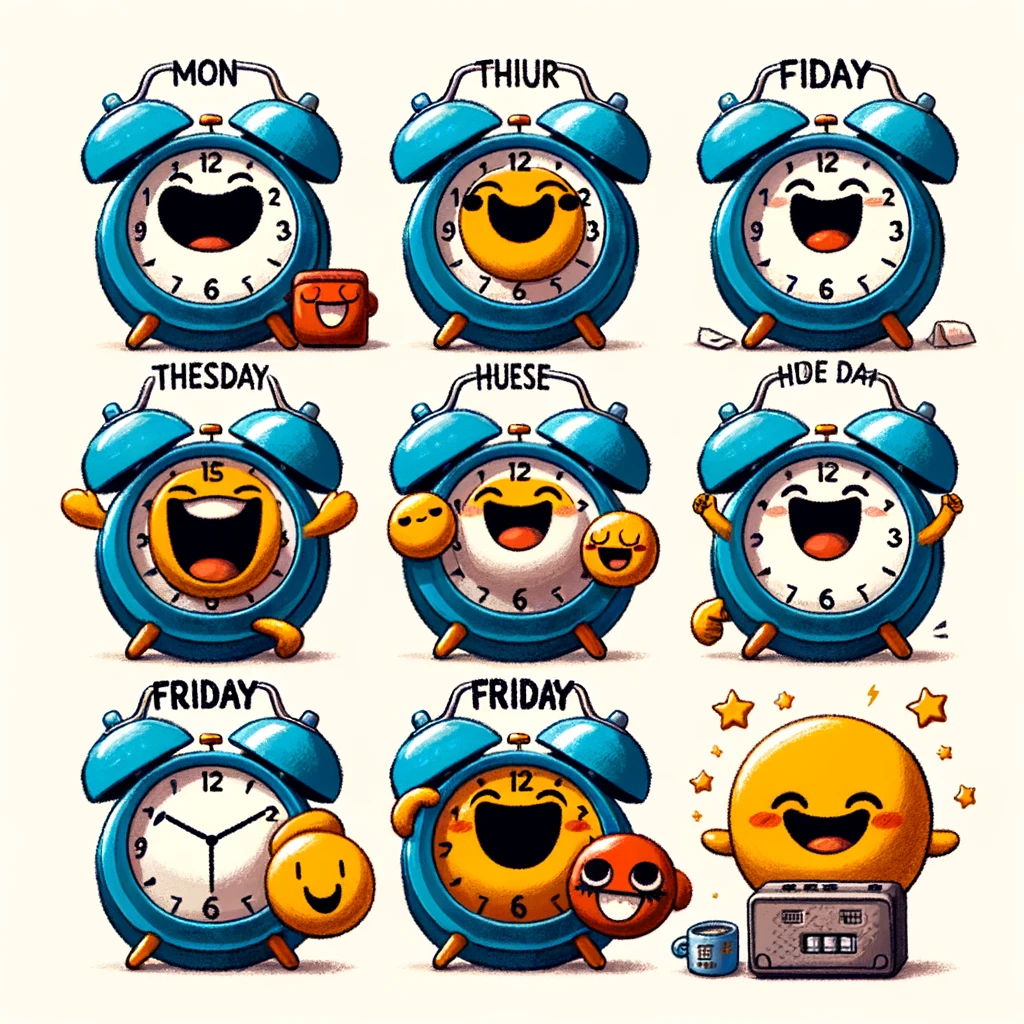 Different Alarms for Friday: A series of alarm clocks, each representing a different weekday from Monday to Thursday, labeled with increasingly happy and excited faces. The Friday alarm doesn’t show a time, just a big smiling face. The style is playful and humorous, reflecting the increasing happiness as the week progresses towards Friday.