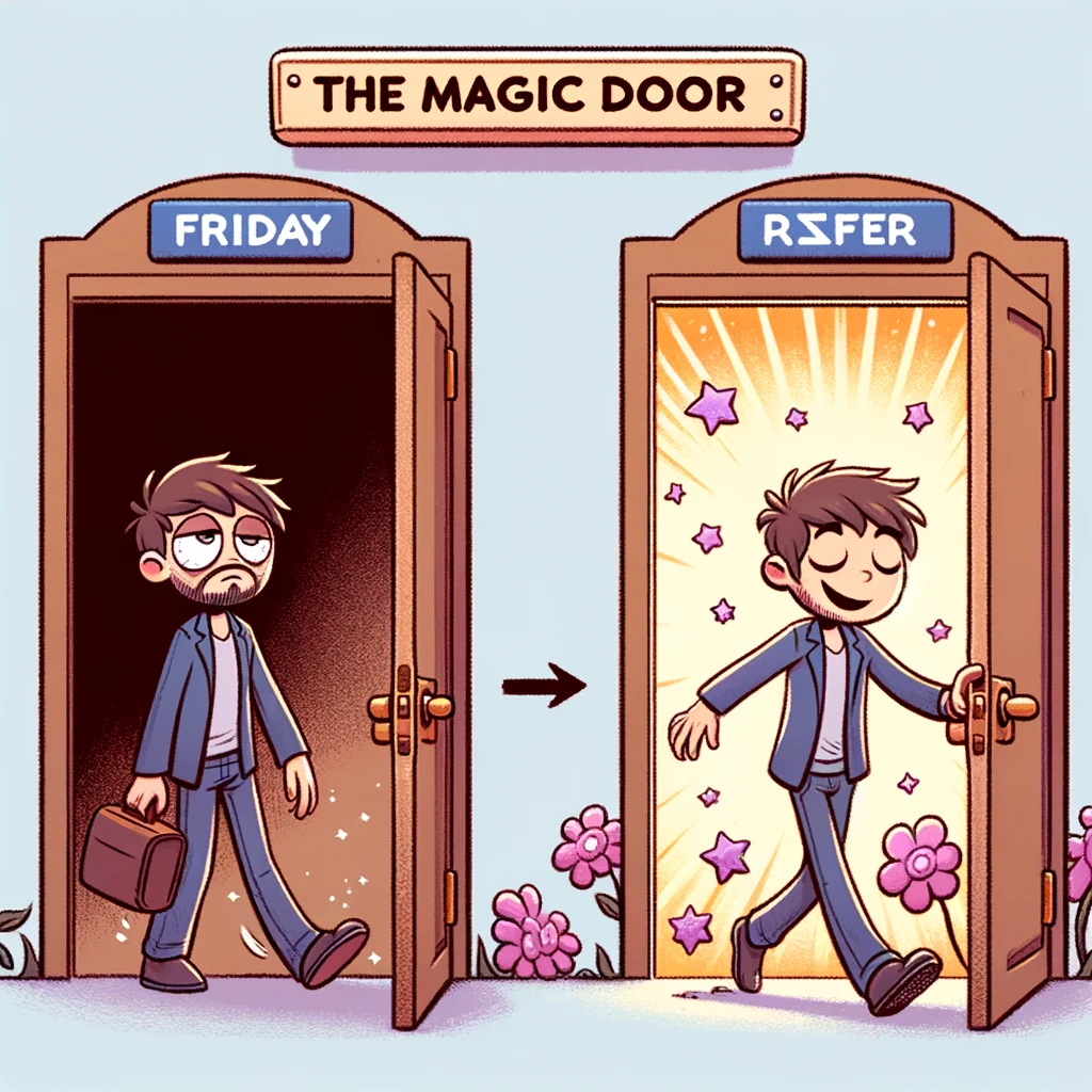 The Magic Door: A cartoon image of a person walking through a door labeled "Friday." They enter tired and weary on one side, and come out the other side as a relaxed, happy version of themselves, ready for the weekend. The style is whimsical and uplifting, visually representing the transformation from the workweek to the weekend.