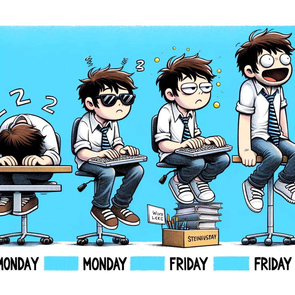 Evolution of Work Attitude: A series of images showing a person at their desk from Monday to Friday. Their posture and enthusiasm improve each day, starting from slouched and sleepy on Monday to energetic and excited on Friday. The style is humorous and relatable, depicting the change in work attitude as the week progresses towards the weekend.