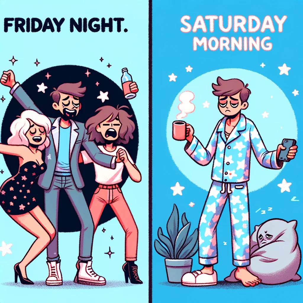 Friday Night vs. Saturday Morning: A split image showing the same person in two different scenarios. On the left (Friday night), they are dressed up for a party, dancing, and having fun. On the right (Saturday morning), the same person is in pajamas, holding a cup of coffee with a sleepy expression. The style is humorous and relatable, capturing the contrast between a lively Friday night and a calm Saturday morning.