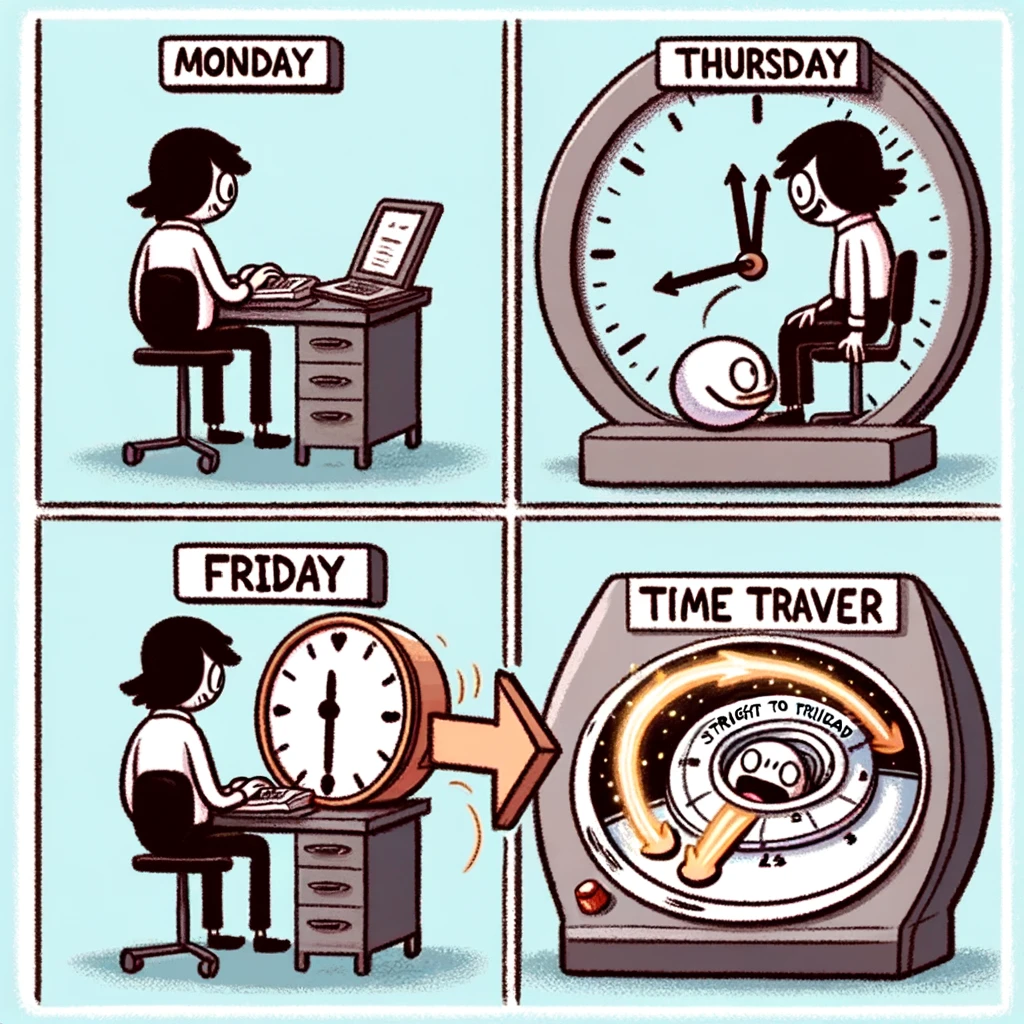 Time Traveler on Friday: A cartoon showing a person at their desk with a clock above. From Monday to Thursday, the clock hands move slowly. On Friday, the person hits a "time travel" button, causing the clock hands to spin rapidly, indicating a fast-forward to the weekend. The style is whimsical and humorous, visually representing the desire to skip straight to the weekend.