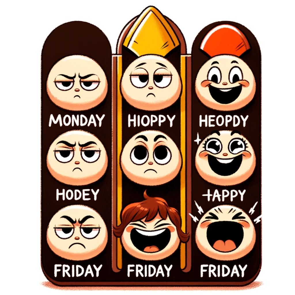 Friday Mood Meter: An image showing a 'mood meter' with facial expressions for each weekday. Monday starts with a grumpy face, gradually shifting to happier expressions, culminating in an extremely happy and excited face by Friday. The style is playful and humorous, effectively illustrating the gradual improvement in mood as the weekend approaches.