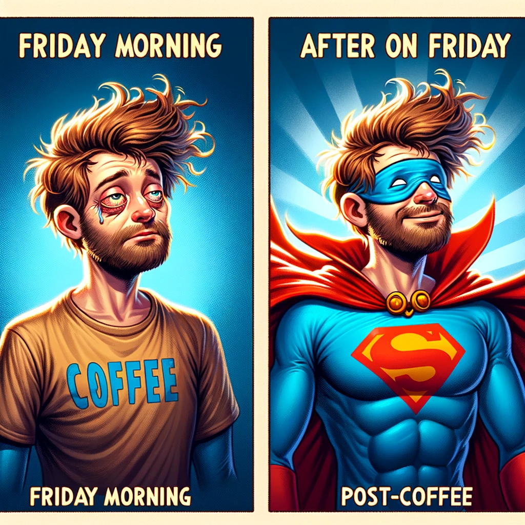 Before and After Coffee on Friday: Two images side by side. The left image, labeled 'Friday Morning,' shows a person looking sleepy and disheveled. The right image, labeled 'Friday Post-Coffee,' shows the same person bright-eyed, wearing a superhero cape, symbolizing a dramatic transformation. The style is humorous and exaggerated, highlighting the energizing effect of coffee.