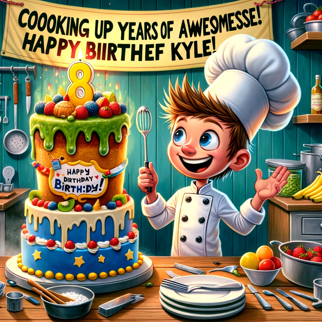 A whimsical and culinary-themed cartoon scene for a "Chef Kyle" theme birthday card. The image humorously depicts Kyle as a chef, proudly presenting a spectacular birthday cake that's creatively shaped and decorated like a chef's hat. The setting is a lively kitchen brimming with culinary tools, adding to the chef theme. Above Kyle, a sign cheerfully states, "Cooking up 8 years of awesomeness! Happy Birthday, Chef Kyle!" This scene is a playful and delightful celebration of both Kyle's birthday and his love for cooking, making it an ideal birthday card for a young aspiring chef.