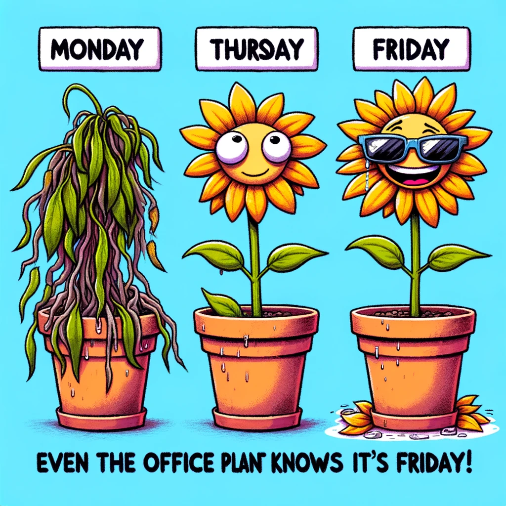 Office Plant Through the Week: A cartoon image showing an office plant wilting from Monday to Thursday. On Friday, the plant is blooming, wearing sunglasses, with a caption: "Even the office plant knows it's Friday!" The style is playful and humorous, symbolizing the rejuvenation and excitement for the weekend.