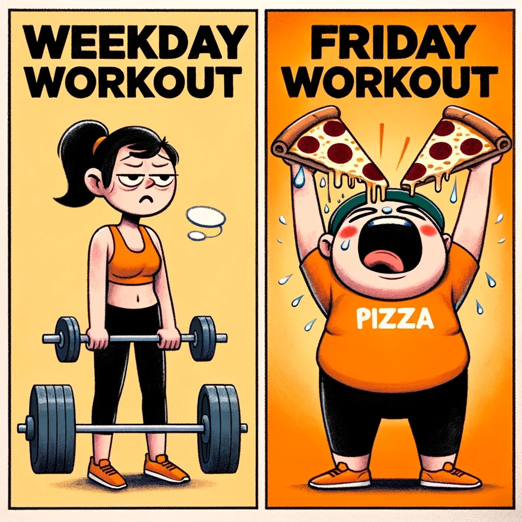 Weekday Workout vs. Friday Workout: A split image depicting two scenarios. On the left, labeled 'Weekday Workout,' a person is tiredly lifting weights. On the right, labeled 'Friday Workout,' the same person is enthusiastically lifting a pizza slice to their mouth. The style is humorous and relatable, showcasing the contrast between regular workouts and the indulgence of a Friday.
