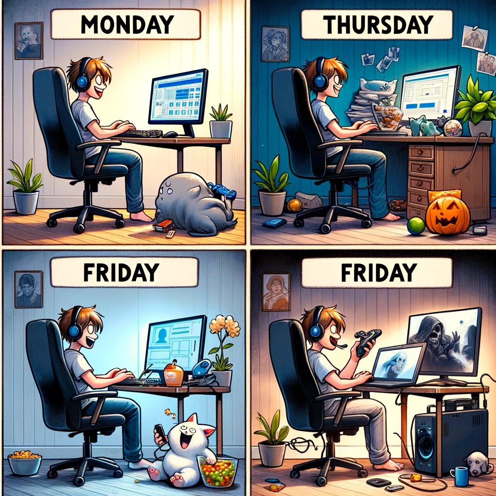 Friday's Remote Work: A series of images from Monday to Thursday showing a person's home office, neat and professional. On Friday, the scene changes to a relaxed setup with a gaming console, snacks, and a pet taking over the chair. The style is humorous and relatable, depicting the more casual and enjoyable nature of remote work on Fridays.