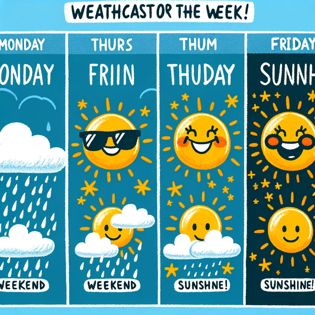 Weather Forecast for the Week: A series of images showing a weather forecast from Monday to Thursday with rain and clouds. On Friday, the forecast shows a bright sun with a big smiley face and sunglasses, captioned "Weekend Sunshine!" The style is cheerful and optimistic, capturing the anticipation of a sunny and enjoyable weekend.