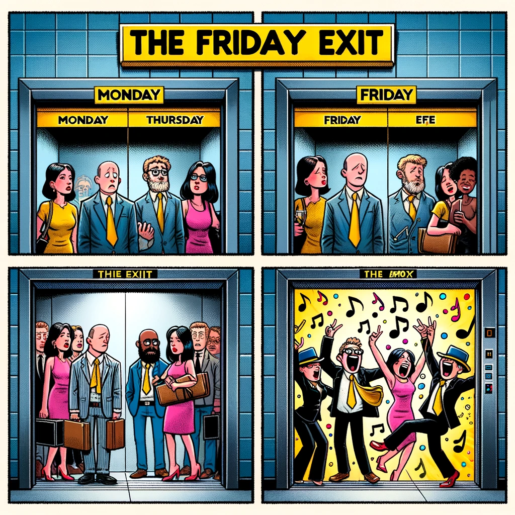 The Friday Exit: A comic strip depicting people in an office elevator from Monday to Thursday, looking tired and disinterested. On Friday, the same people are in party attire with music notes and confetti in the elevator, celebrating the start of the weekend. The style is humorous and lively, capturing the shift in mood and excitement for the weekend.