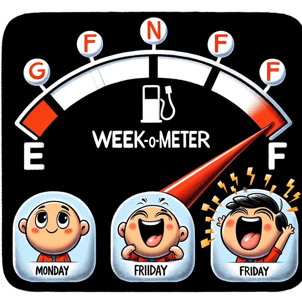 Week-o-Meter: An image of a fuel gauge with 'E' for empty at Monday, progressively filling up through the week, and reaching 'F' for full on Friday. Beside the gauge, a little cartoon character shows increasing excitement as the week progresses, culminating in a very excited expression by Friday. The style is playful and humorous, visually representing the build-up of excitement for the weekend.