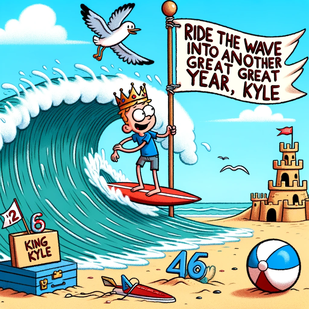 An illustration of a beach scene where a cartoon character named Kyle is surfing on a wave shaped like a number. On the beach, there's a sandcastle with a flag saying "King Kyle of [Age] Years." A banner flown by a seagull reads, "Ride the Wave into another great year, Kyle!"