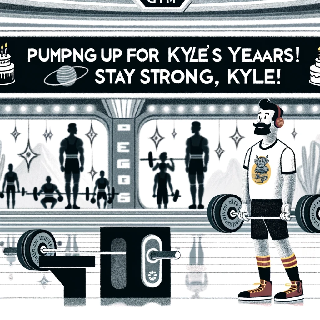 A gym setting where a character named Kyle is animated lifting a barbell with weights shaped like birthday cakes. In the background, gym members hold a banner stating, "Pumping up for [Kyle's age] years! Stay strong, Kyle!"