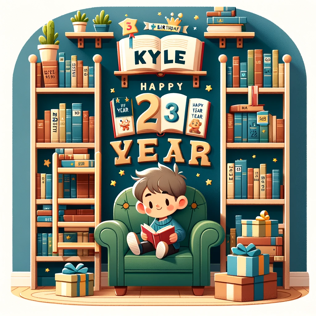 An image depicting a character named Kyle in a cozy library nook, surrounded by books. One book is open, showing a story about "Kyle's [Age] Year Adventure." The shelves are arranged to spell out "Happy Birthday," and there's a comfy armchair with a gift-wrapped book on it.