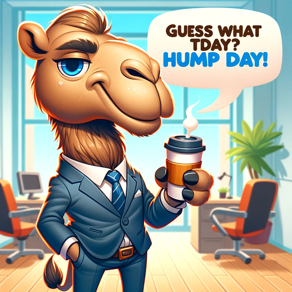 A cartoon camel wearing a sleek business suit, holding a coffee cup in one hoof. The camel looks cheerful and is standing in an office environment. There's a speech bubble coming from the camel that says, "Guess what day it is? Hump Day!" The scene should be colorful and humorous, capturing the whimsical nature of the concept.
