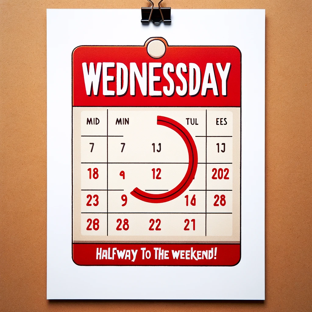An image of a simple wall calendar with the date Wednesday prominently circled in red. The calendar should have a plain design, focusing on the week with Wednesday highlighted. Over the image, in bold, humorous text, it reads: "Halfway to the weekend!" The overall look should be lighthearted and relatable, emphasizing the midweek milestone.