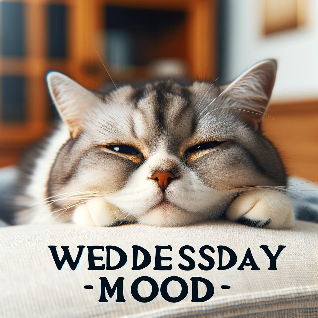 A picture of a cat looking extremely tired or half-asleep. The cat should appear comfortably lazy, possibly lying down or with droopy eyes. The setting can be a cozy home environment. There should be text above or beside the cat saying: "Wednesday mood." The image should capture the essence of midweek fatigue in a humorous and cute way, appealing to cat lovers and those familiar with the midweek slump.