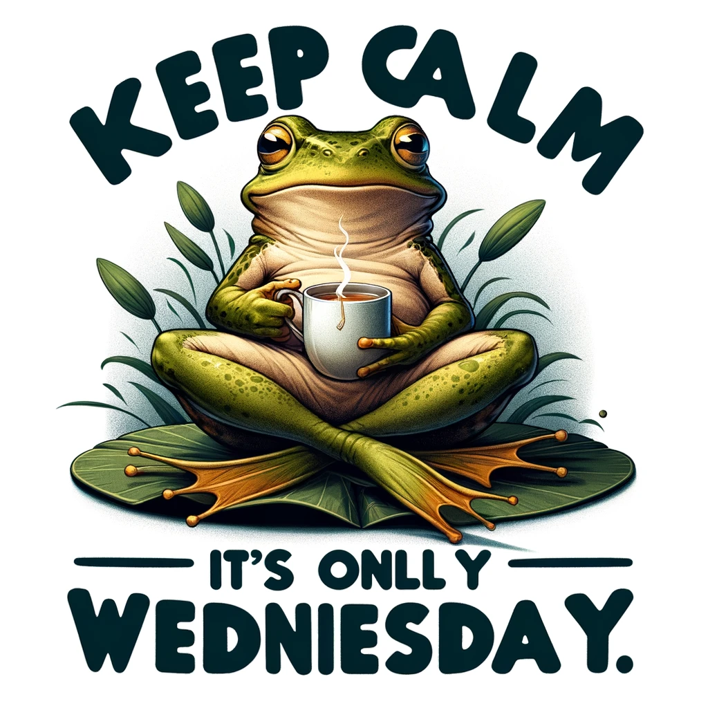 An image of a chill, relaxed frog sitting comfortably, perhaps on a lily pad or a cozy chair, with a cup of tea in its hand. The frog should look content and at ease, embodying a serene midweek vibe. There should be text accompanying the image: "Keep calm, it's only Wednesday." The overall atmosphere of the image should be calming and humorous, suggesting a relaxed approach to the middle of the week.