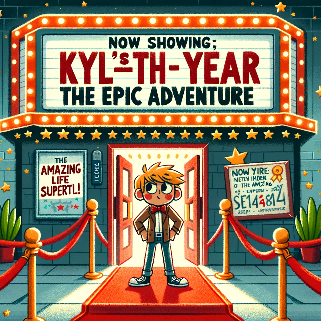 A movie poster style illustration with a character named Kyle as the main star. The title of the movie is "Kyle's [Age]th Year: The Epic Adventure." A red carpet leads to a cinema door where a sign says, "Now Showing: The Amazing Life of Kyle. Happy Birthday, Superstar!"